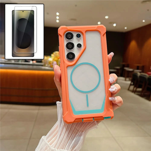 For Samsung Galaxy S25 Ultra Magnetic Case TPU + Acrylic Protective  Phone Cover with Tempered Glass - Orange  /  Blue - 1