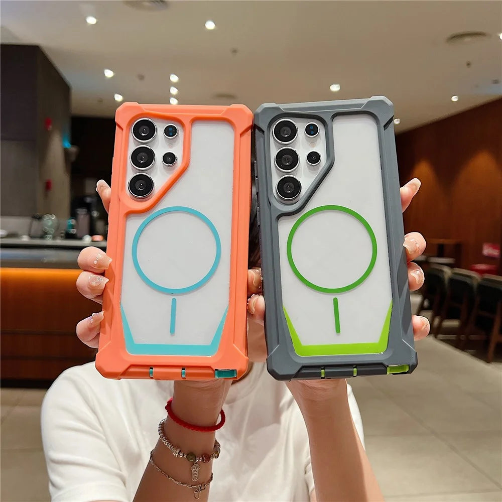For Samsung Galaxy S25 Ultra Magnetic Case TPU + Acrylic Protective  Phone Cover with Tempered Glass - Orange  /  Blue - 4
