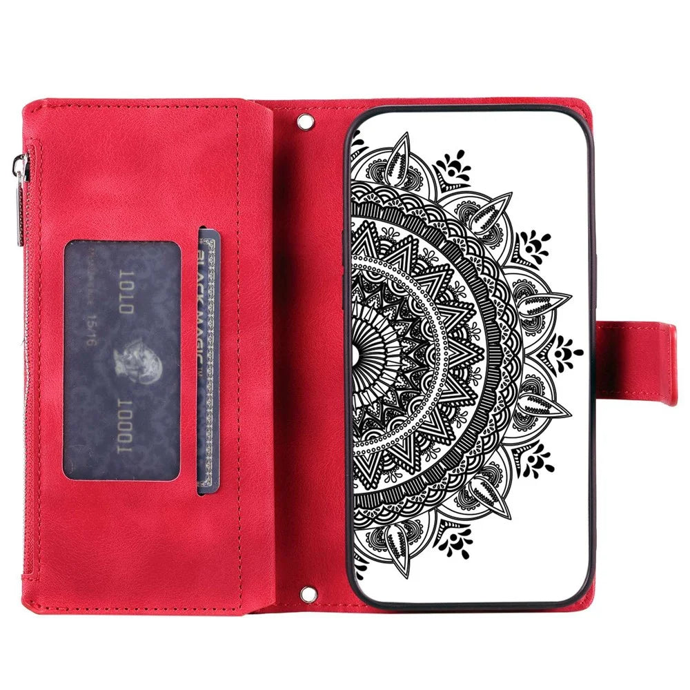For Samsung Galaxy A13 4G / 5G / A04s 4G (164.7mm) Mandala Imprint PU Leather+TPU Phone Cover Stand with Multiple Card Slots Wallet Case - Rose - 2