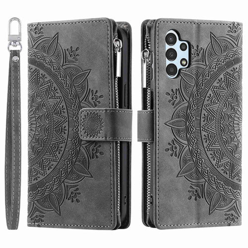 Phone Shell for Samsung Galaxy A32 5G / M32 5G, Mandala Flower Imprinted PU Leather Cover Stand with Multiple Card Slots Zipper Pocket Wallet Case - Grey - 1