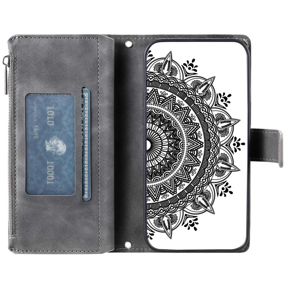 Phone Shell for Samsung Galaxy A32 5G / M32 5G, Mandala Flower Imprinted PU Leather Cover Stand with Multiple Card Slots Zipper Pocket Wallet Case - Grey - 2