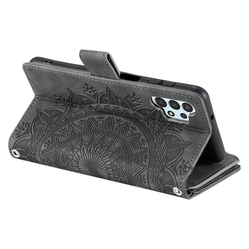 Phone Shell for Samsung Galaxy A32 5G / M32 5G, Mandala Flower Imprinted PU Leather Cover Stand with Multiple Card Slots Zipper Pocket Wallet Case - Grey - 3