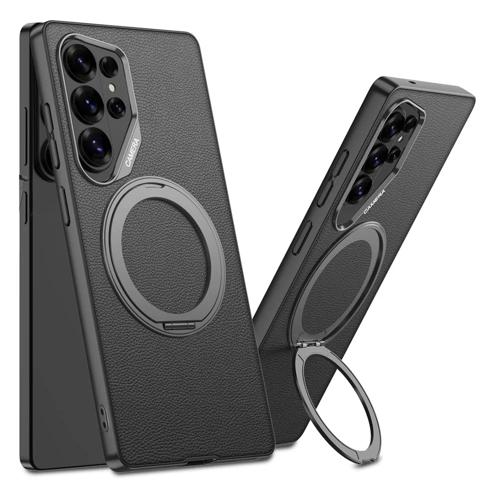 GKK For Samsung Galaxy S26 Ultra Magnetic Case Large Lens Cutout PU + TPU + PC Kickstand Phone Cover - Black - 1