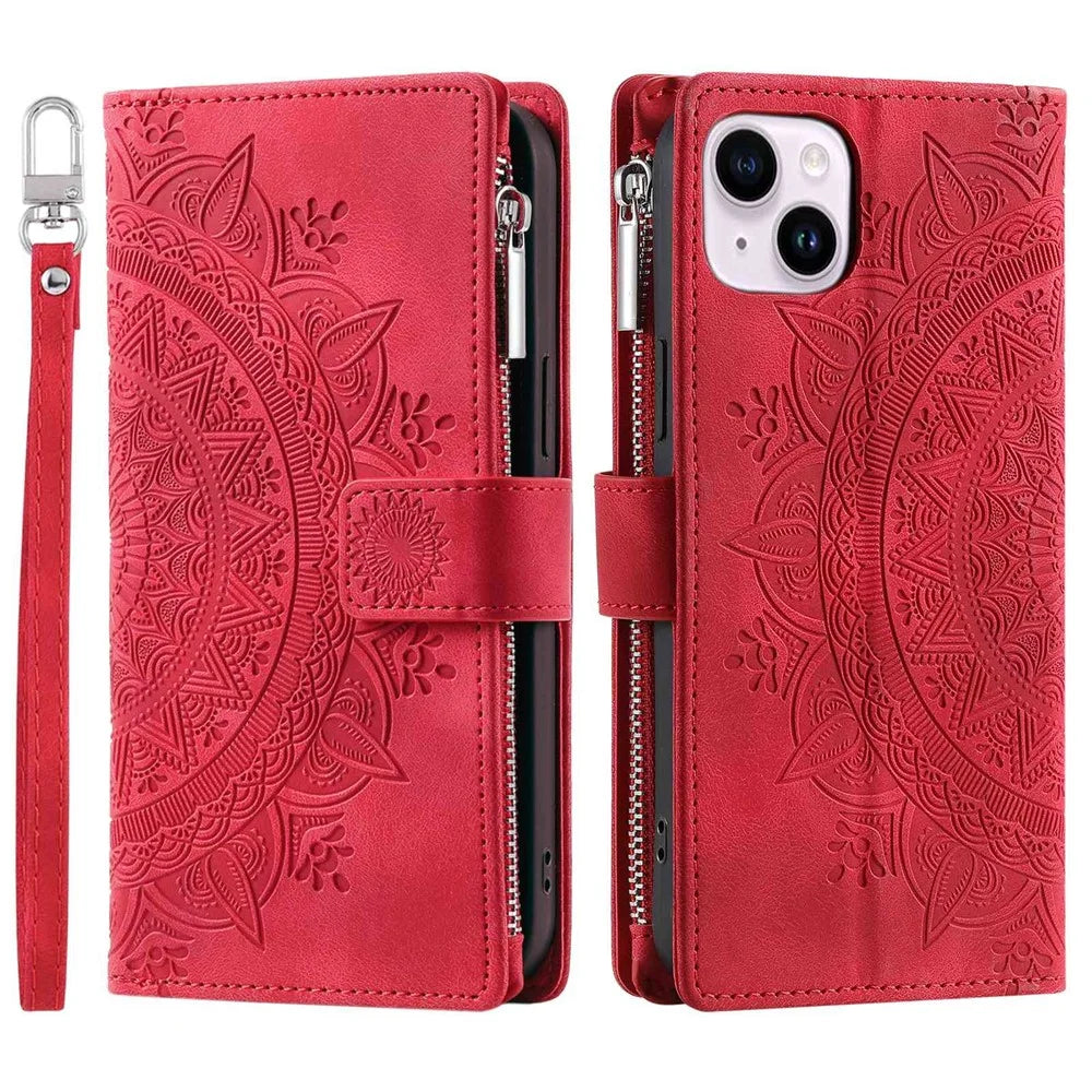 Phone Shell for iPhone 14 Plus, Anti-scratch Mandala Flower Imprinted PU Leather Cover Stand with Multiple Card Slots Zipper Pocket Wallet Case - Rose - 1