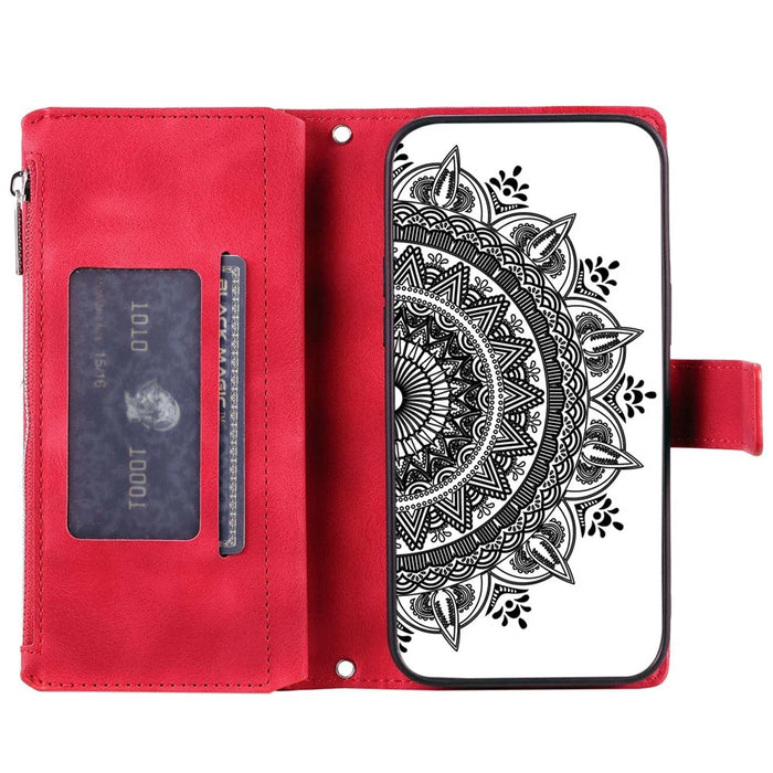 Phone Shell for iPhone 14 Plus, Anti-scratch Mandala Flower Imprinted PU Leather Cover Stand with Multiple Card Slots Zipper Pocket Wallet Case - Rose - 2