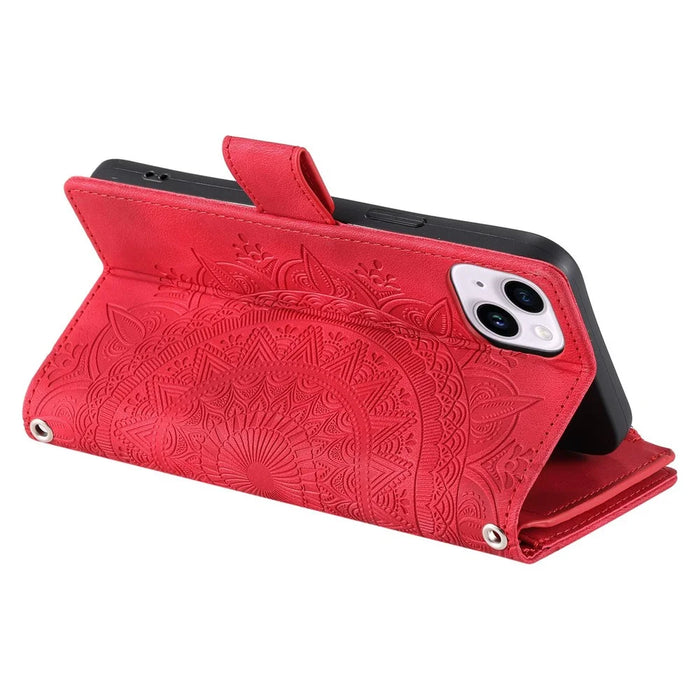 Phone Shell for iPhone 14 Plus, Anti-scratch Mandala Flower Imprinted PU Leather Cover Stand with Multiple Card Slots Zipper Pocket Wallet Case - Rose - 3