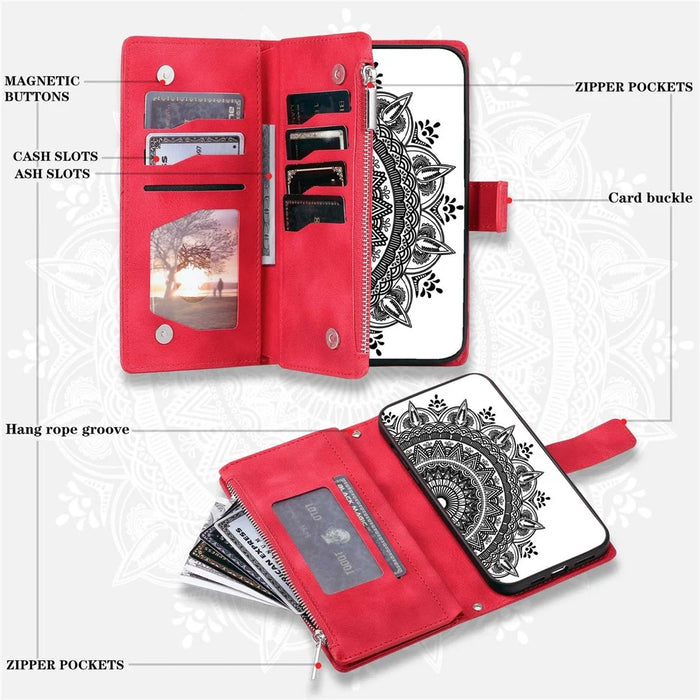 Phone Shell for iPhone 14 Plus, Anti-scratch Mandala Flower Imprinted PU Leather Cover Stand with Multiple Card Slots Zipper Pocket Wallet Case - Rose - 5
