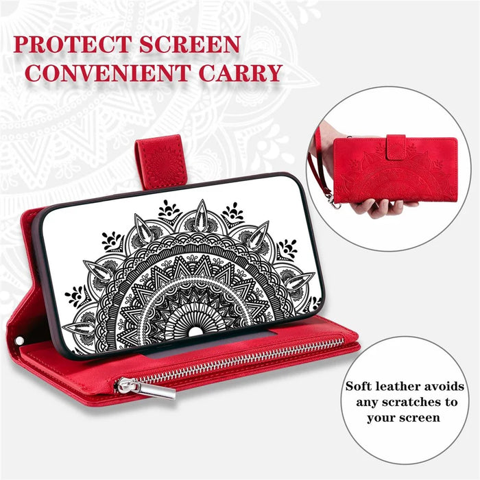Phone Shell for iPhone 14 Plus, Anti-scratch Mandala Flower Imprinted PU Leather Cover Stand with Multiple Card Slots Zipper Pocket Wallet Case - Rose - 6