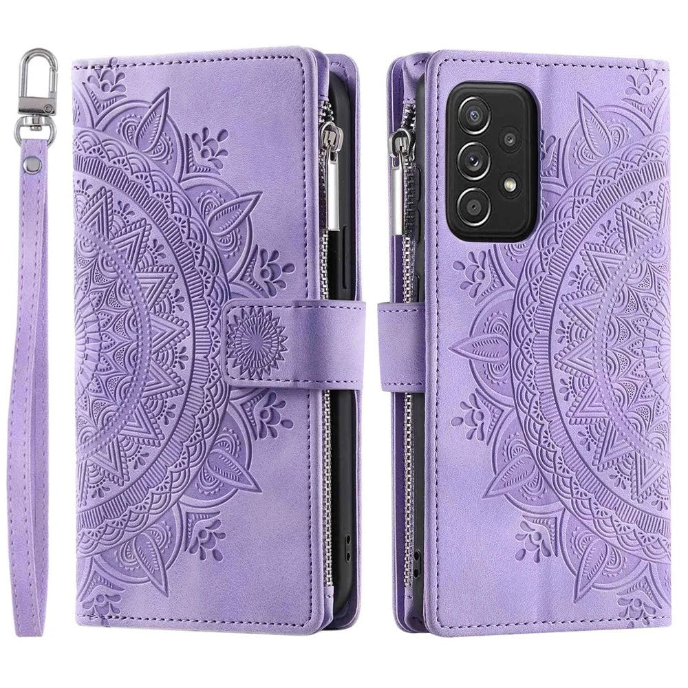 Zipper Pocket Wallet Case for Samsung Galaxy A33 5G, Shockproof Mandala Flower Imprinted PU Leather Stand Cover with Multiple Card Slots - Purple - 1