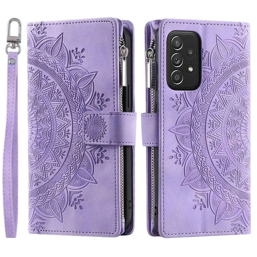 Zipper Pocket Wallet Case for Samsung Galaxy A33 5G, Shockproof Mandala Flower Imprinted PU Leather Stand Cover with Multiple Card Slots - Purple - 1