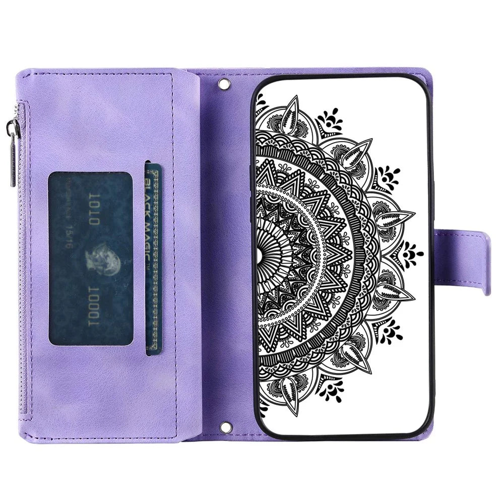 Zipper Pocket Wallet Case for Samsung Galaxy A33 5G, Shockproof Mandala Flower Imprinted PU Leather Stand Cover with Multiple Card Slots - Purple - 2