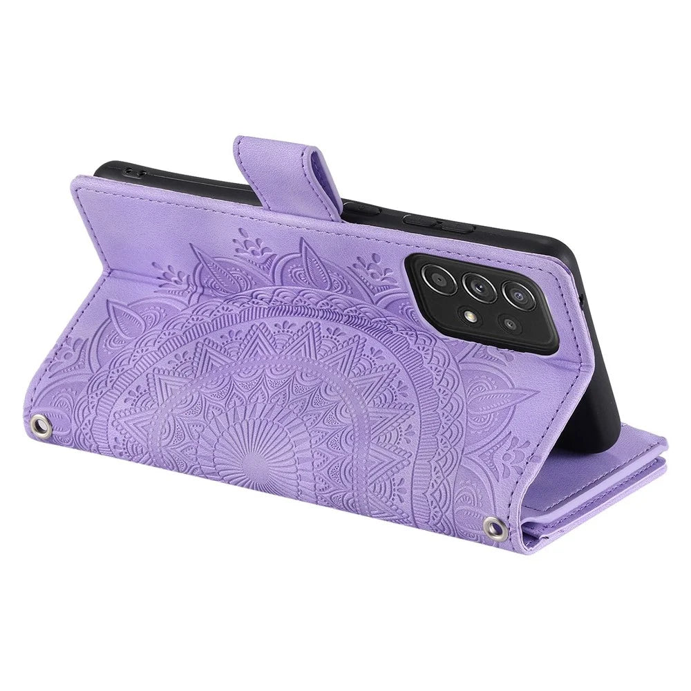 Zipper Pocket Wallet Case for Samsung Galaxy A33 5G, Shockproof Mandala Flower Imprinted PU Leather Stand Cover with Multiple Card Slots - Purple - 3