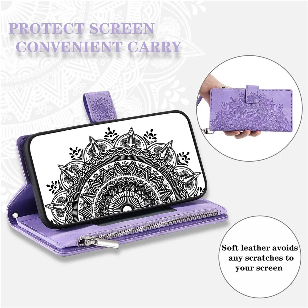 Zipper Pocket Wallet Case for Samsung Galaxy A33 5G, Shockproof Mandala Flower Imprinted PU Leather Stand Cover with Multiple Card Slots - Purple - 6