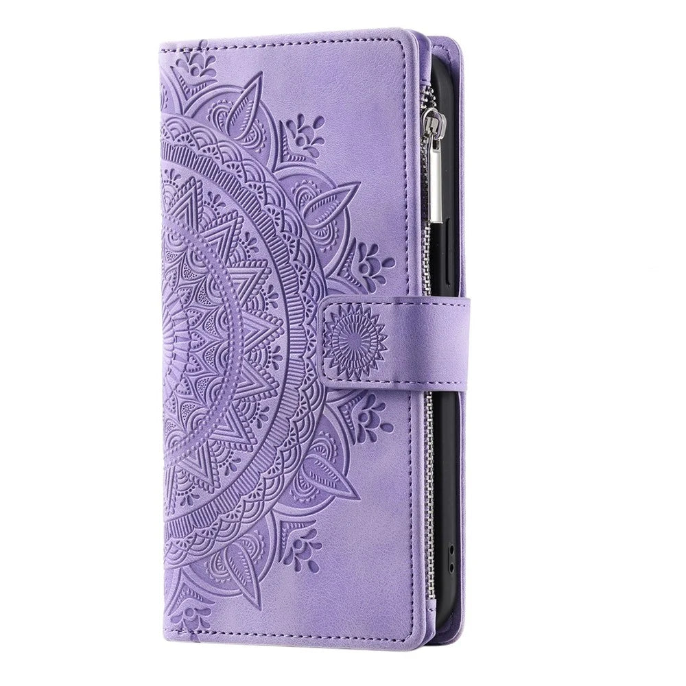 Zipper Pocket Wallet Case for Samsung Galaxy A33 5G, Shockproof Mandala Flower Imprinted PU Leather Stand Cover with Multiple Card Slots - Purple - 7