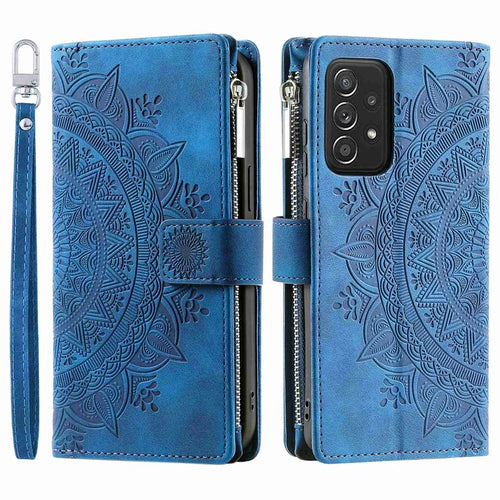 Zipper Pocket Wallet Case for Samsung Galaxy A53 5G, Book Style Mandala Flower Imprinted PU Leather Stand Cover with Multiple Card Slots - Blue - 1
