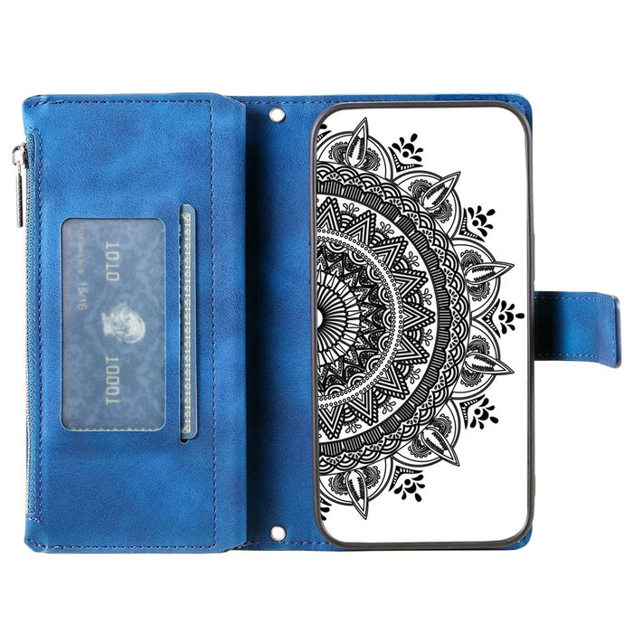 Zipper Pocket Wallet Case for Samsung Galaxy A53 5G, Book Style Mandala Flower Imprinted PU Leather Stand Cover with Multiple Card Slots - Blue - 2