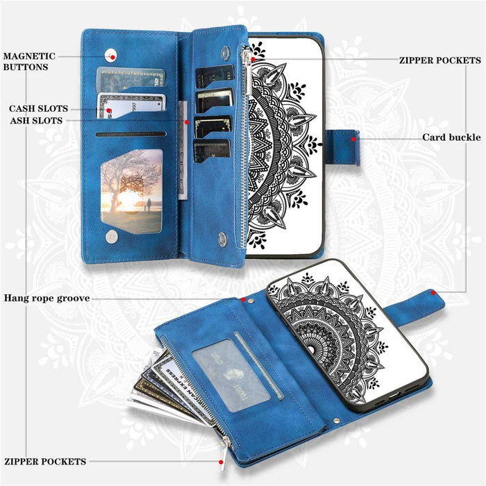 Zipper Pocket Wallet Case for Samsung Galaxy A53 5G, Book Style Mandala Flower Imprinted PU Leather Stand Cover with Multiple Card Slots - Blue - 5