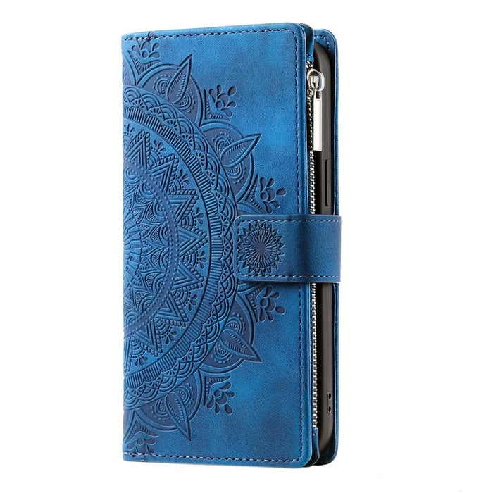 Zipper Pocket Wallet Case for Samsung Galaxy A53 5G, Book Style Mandala Flower Imprinted PU Leather Stand Cover with Multiple Card Slots - Blue - 7