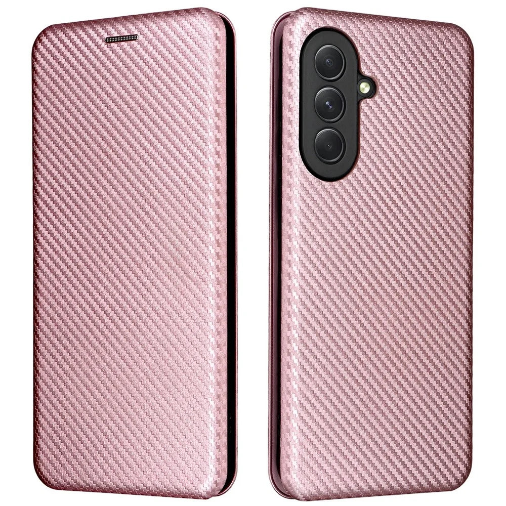 For Samsung Galaxy A57 5G Case Carbon Fiber Texture Drop-Proof PU Leather Phone Cover - Rose Gold - 1