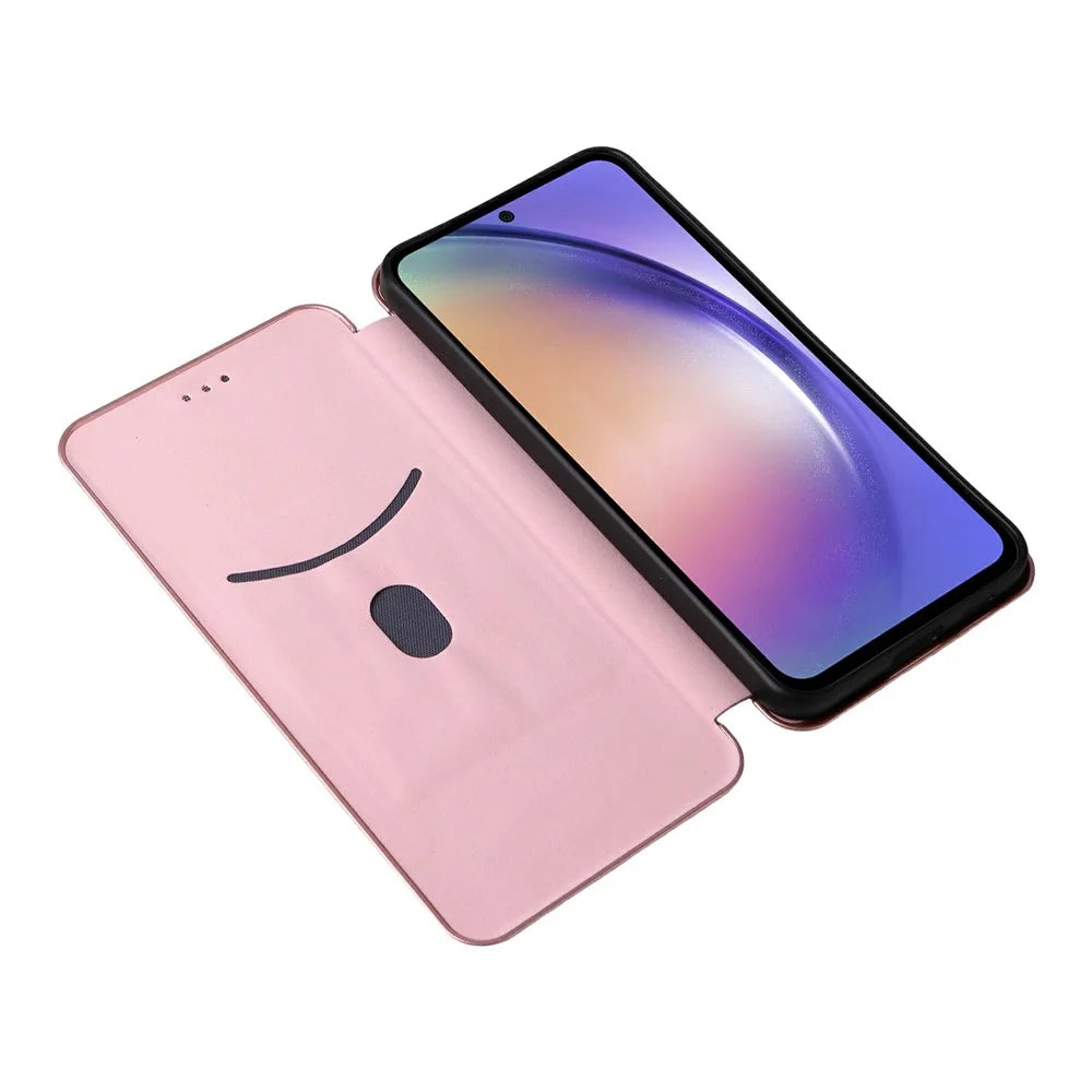 For Samsung Galaxy A57 5G Case Carbon Fiber Texture Drop-Proof PU Leather Phone Cover - Rose Gold - 2
