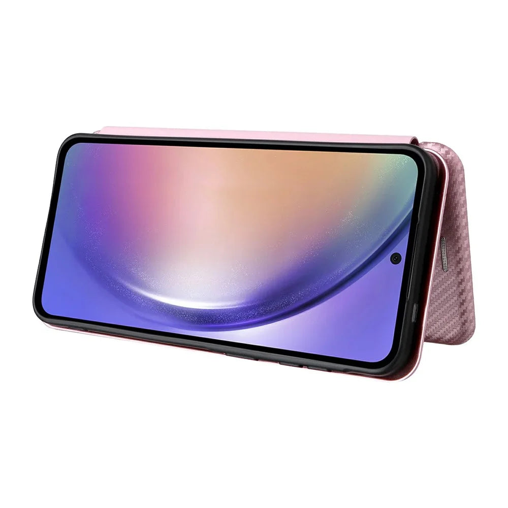 For Samsung Galaxy A57 5G Case Carbon Fiber Texture Drop-Proof PU Leather Phone Cover - Rose Gold - 4