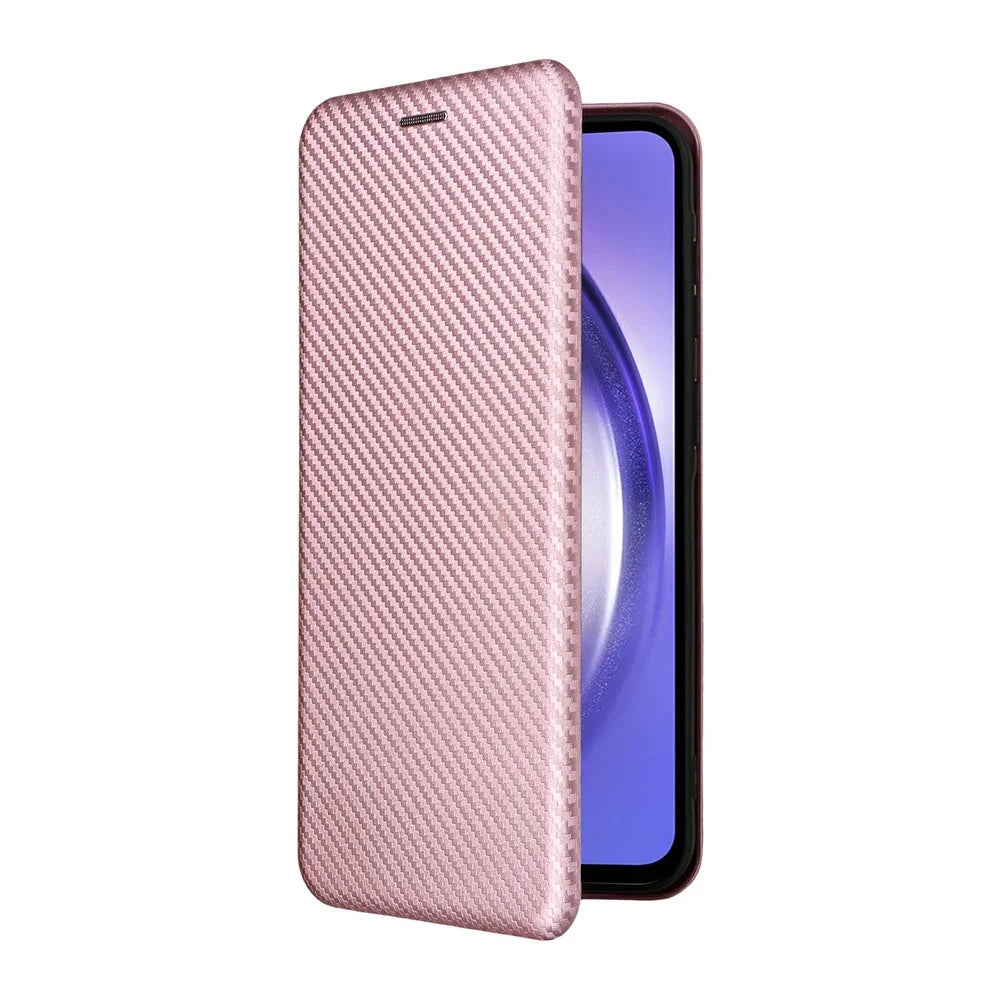 For Samsung Galaxy A57 5G Case Carbon Fiber Texture Drop-Proof PU Leather Phone Cover - Rose Gold - 7