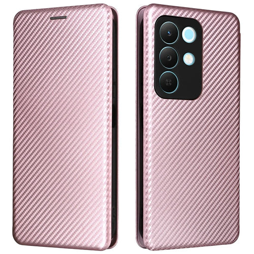 For Realme C85 5G / 15x (India) 5G Case Carbon Fiber Texture Drop-Proof PU Leather Phone Cover - Rose Gold - 1
