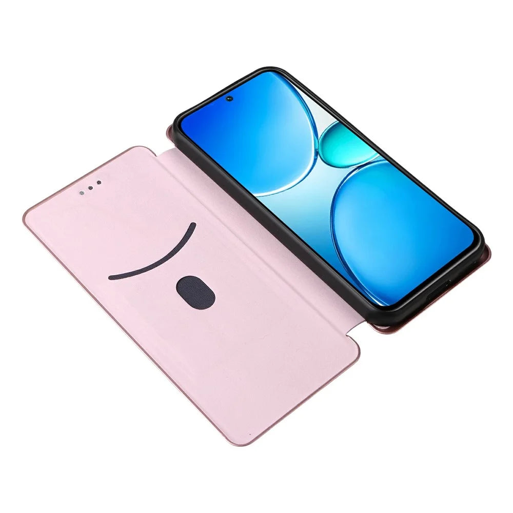 For Realme C85 5G / 15x (India) 5G Case Carbon Fiber Texture Drop-Proof PU Leather Phone Cover - Rose Gold - 2