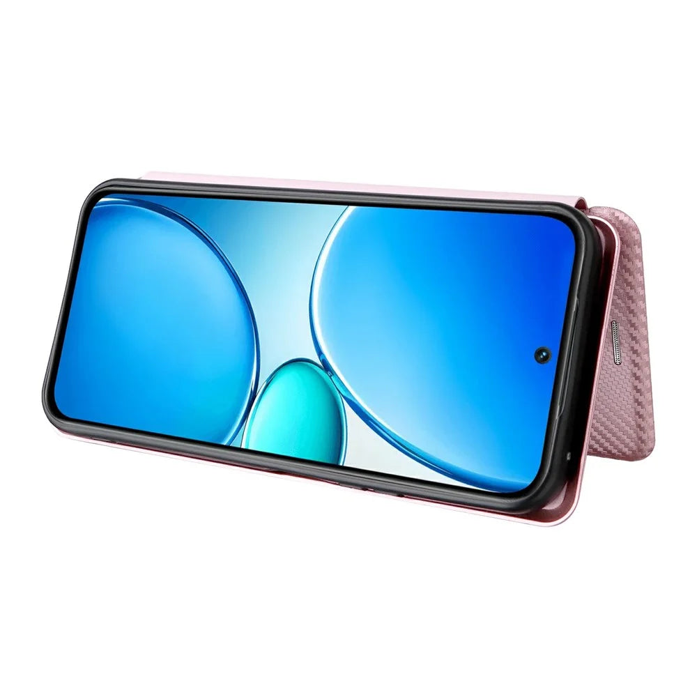 For Realme C85 5G / 15x (India) 5G Case Carbon Fiber Texture Drop-Proof PU Leather Phone Cover - Rose Gold - 3