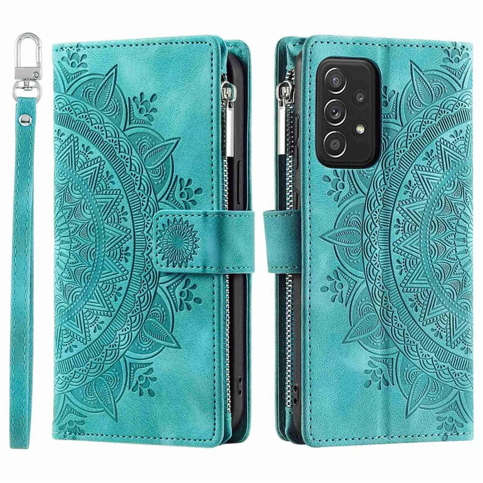 Zipper Pocket Wallet Case for Samsung Galaxy A52 4G / 5G / A52s 5G, Collision-proof Mandala Flower Imprinted PU Leather Stand Cover with Multiple Card Slots - Green - 1