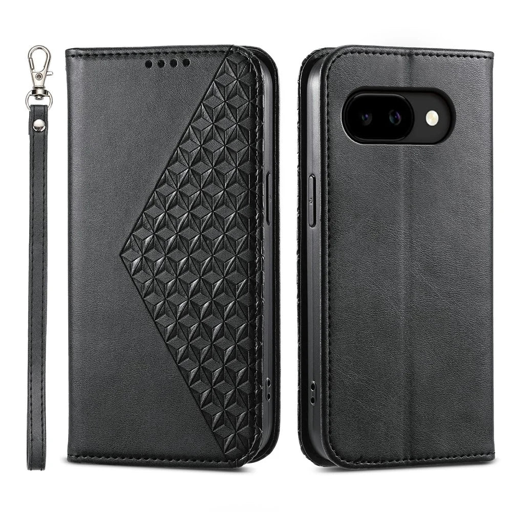 For Google Pixel 10a Case Calf Texture PU Leather Wallet Phone Cover with Wrist Strap - Black - 1