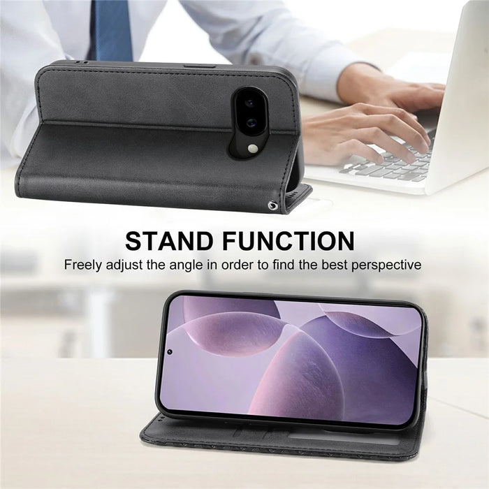 For Google Pixel 10a Case Calf Texture PU Leather Wallet Phone Cover with Wrist Strap - Black - 3