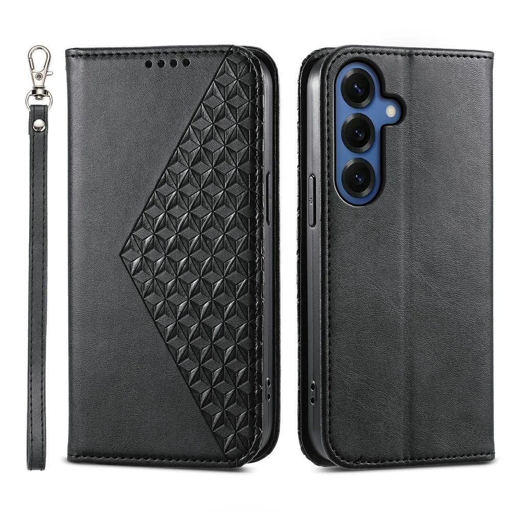 For Samsung Galaxy S26 Case Calf Texture PU Leather Wallet Phone Cover with Wrist Strap - Black - 1