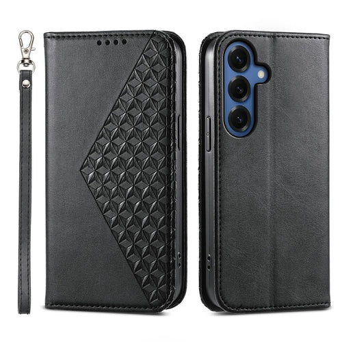 For Samsung Galaxy S26 Case Calf Texture PU Leather Wallet Phone Cover with Wrist Strap - Black - 1