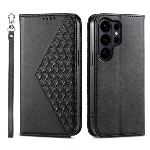 For Samsung Galaxy S26 Ultra Case Calf Texture PU Leather Wallet Phone Cover with Wrist Strap - Black - 1