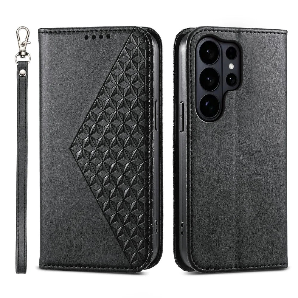 For Samsung Galaxy S26 Ultra Case Calf Texture PU Leather Wallet Phone Cover with Wrist Strap - Black - 1