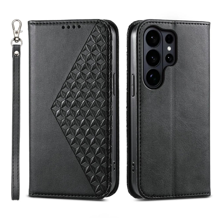 For Samsung Galaxy S26 Ultra Case Calf Texture PU Leather Wallet Phone Cover with Wrist Strap - Black - 1
