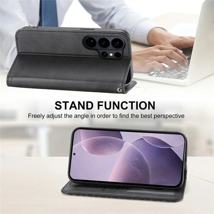 For Samsung Galaxy S26 Ultra Case Calf Texture PU Leather Wallet Phone Cover with Wrist Strap - Black - 3