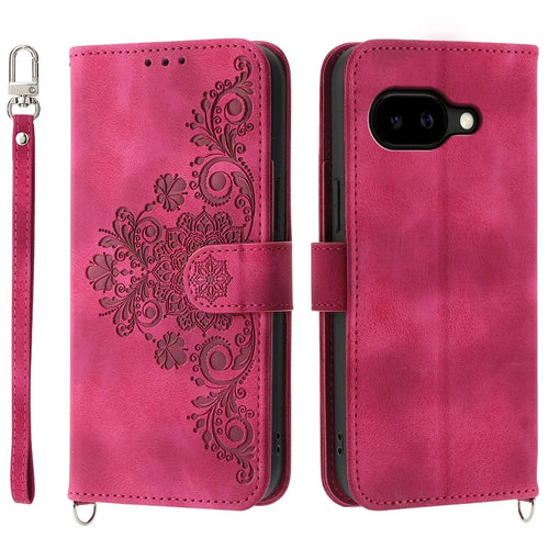 For Google Pixel 10a Case Flower Pattern PU Leather Wallet Phone Cover with Strap - Wine Red - 1