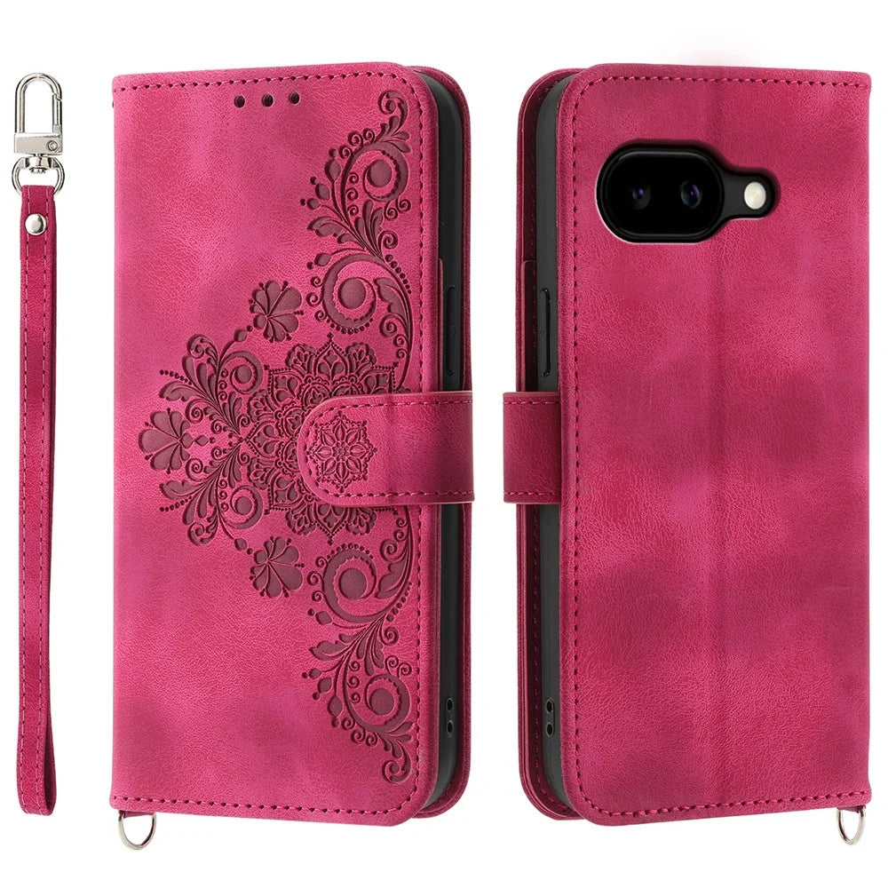 For Google Pixel 10a Case Flower Pattern PU Leather Wallet Phone Cover with Strap - Wine Red - 1