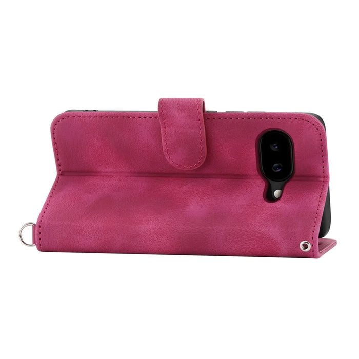 For Google Pixel 10a Case Flower Pattern PU Leather Wallet Phone Cover with Strap - Wine Red - 2