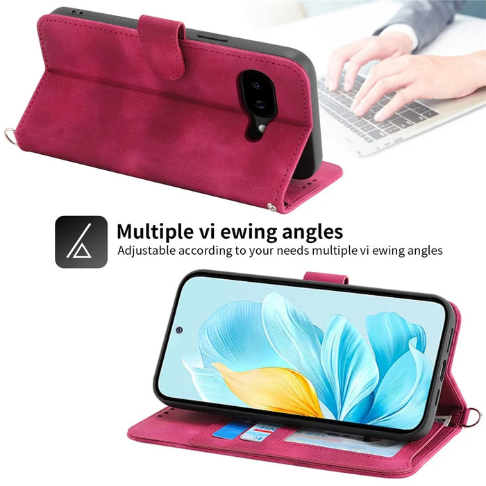 For Google Pixel 10a Case Flower Pattern PU Leather Wallet Phone Cover with Strap - Wine Red - 6
