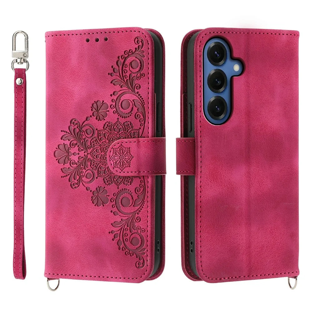 For Samsung Galaxy S26 Case Flower Pattern PU Leather Wallet Phone Cover with Strap - Wine Red - 1