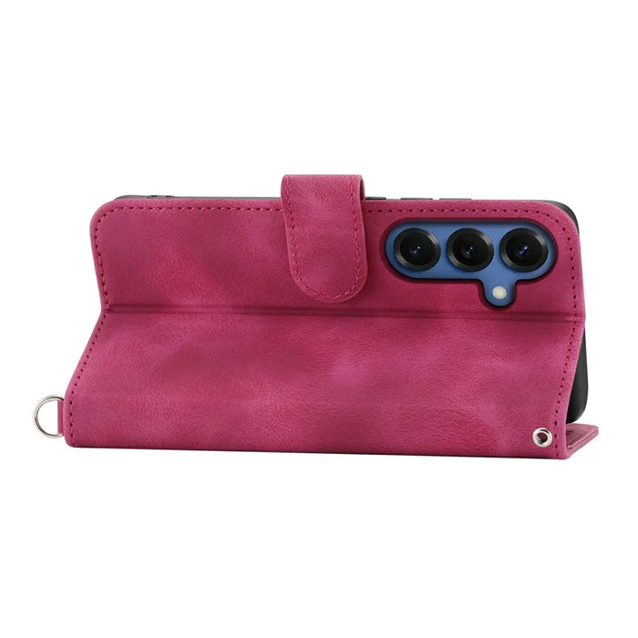 For Samsung Galaxy S26 Case Flower Pattern PU Leather Wallet Phone Cover with Strap - Wine Red - 3