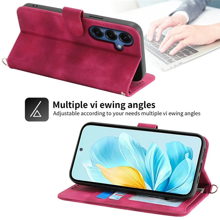 For Samsung Galaxy S26 Case Flower Pattern PU Leather Wallet Phone Cover with Strap - Wine Red - 6