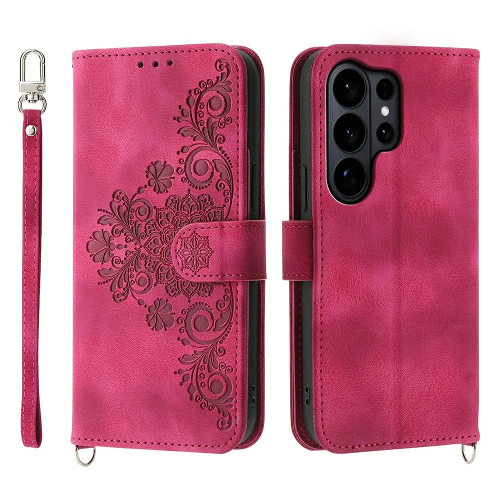 For Samsung Galaxy S26 Ultra Case Flower Pattern PU Leather Wallet Phone Cover with Strap - Wine Red - 1