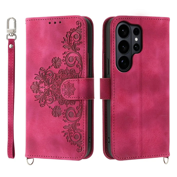 For Samsung Galaxy S26 Ultra Case Flower Pattern PU Leather Wallet Phone Cover with Strap - Wine Red - 1