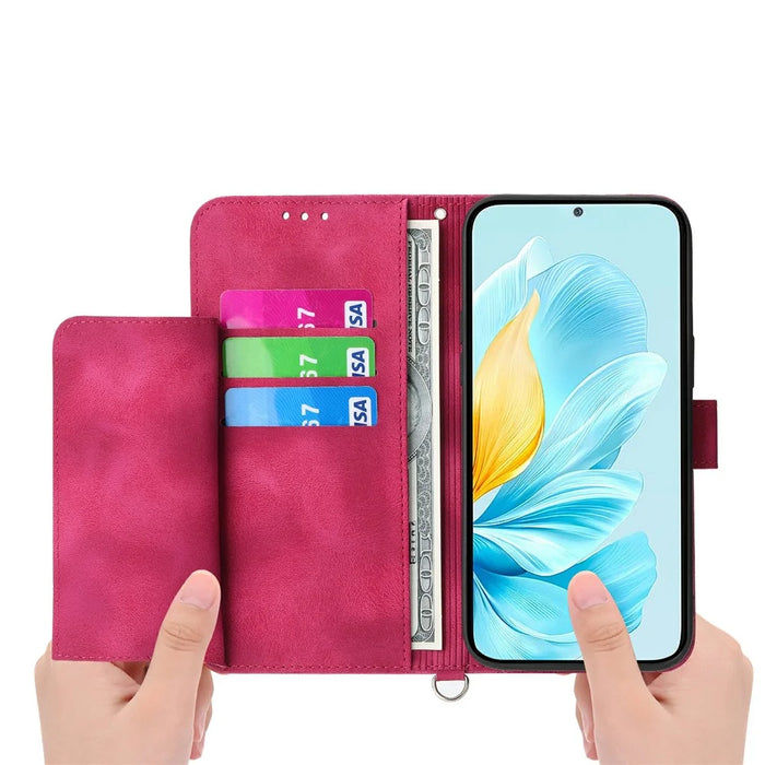 For Samsung Galaxy S26 Ultra Case Flower Pattern PU Leather Wallet Phone Cover with Strap - Wine Red - 2