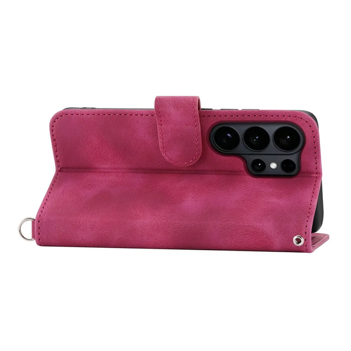 For Samsung Galaxy S26 Ultra Case Flower Pattern PU Leather Wallet Phone Cover with Strap - Wine Red - 3