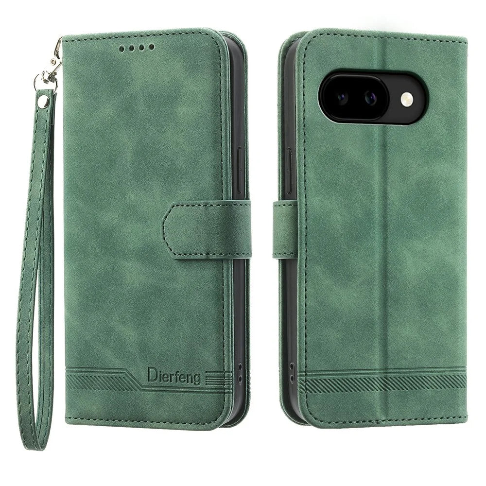 DIERFENG DF-03 For Google Pixel 10a Case Lines Imprint Wallet Leather Phone Cover with Wrist Strap - Green - 1